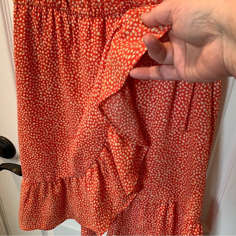 ALL IN FAVOR Cross Over Tie Front Ruffle Midi Patterned Sundress Orange Medium - Picture 6 of 13